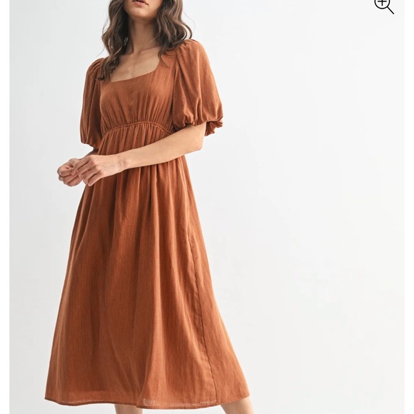 Rust Ribbed Puff Sleeve Tie Back Maternity Midi Dress - Picture 4 of 5